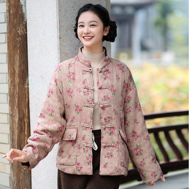 Floral Print Women's Winter Short Velvet Cotton Coat