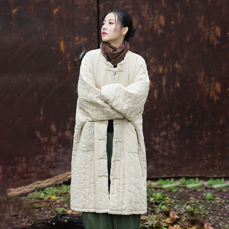 Vintage Ramie Cotton Long Coat for Women - Winter Outerwear