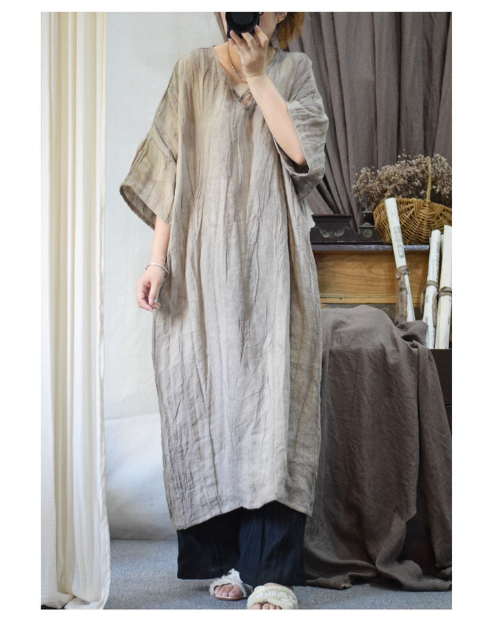 Retro V-Neck Half-Sleeve Linen Tunic Dress Robe