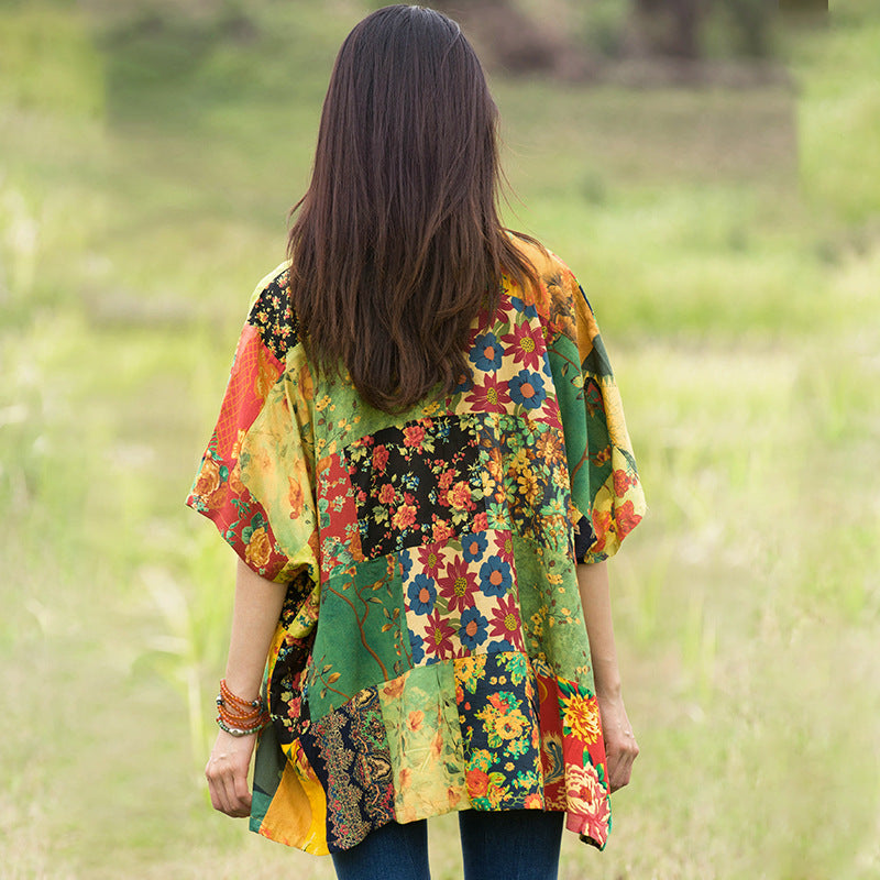 Retro Floral Loose Linen Spring Blouse for Women