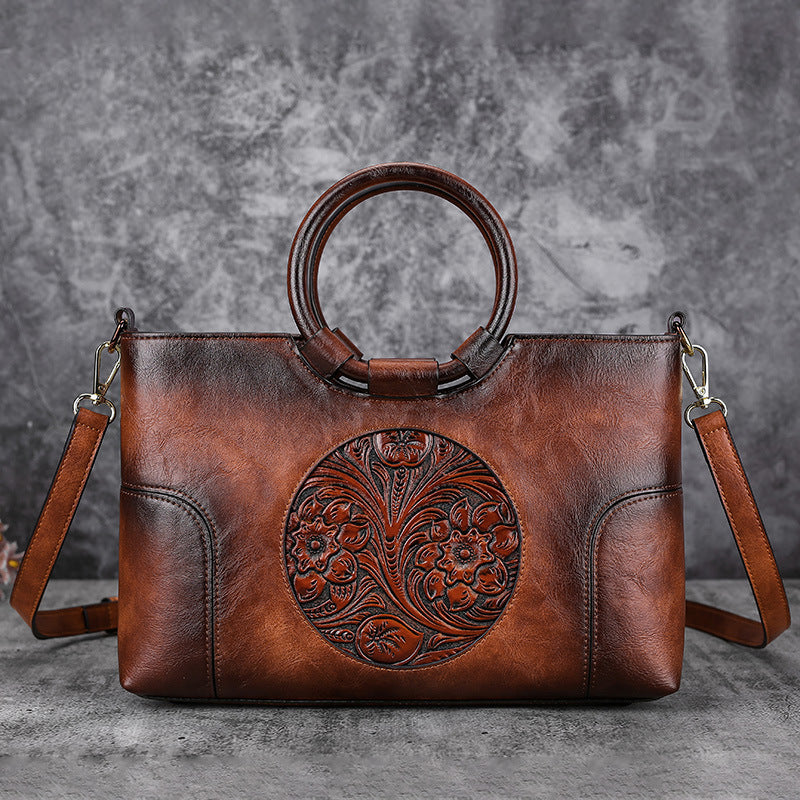 PU floral pattern women's shoulder bag-Women's Necklace-Thebesttailor-31x12x20CM-Brown-PU-Thebesttailor