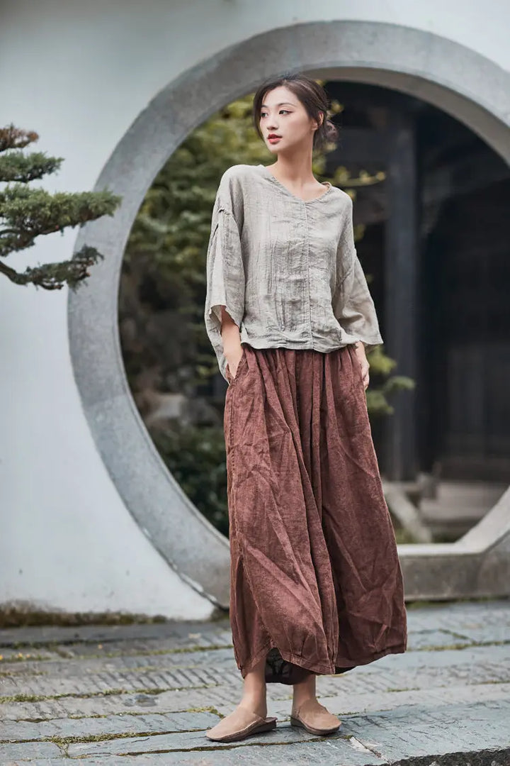 Retro Style Wide Leg Brown Cropped Pants for Women
 Introducing our Retro Style Wide Leg Brown Cropped Pants for Women! These stylish pants are the perfect addition to your summer wardrobe. Made from a blend of lineWomen's pantsThebesttailorThebesttailorRetro Summer Washed Linen Casual Woman Wide Leg Brown Cropped PantsThebesttailorRetro Summer Washed Linen Casual Woman Wide Leg Brown Cropped Pants