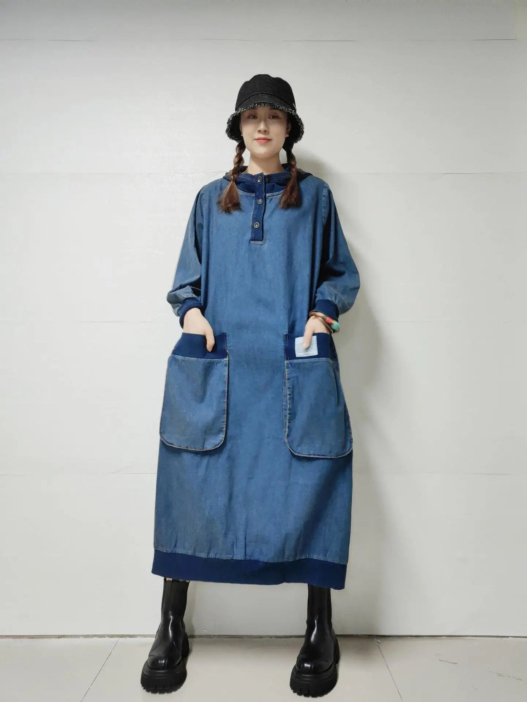 Women's Retro Style Loose Fit Hooded Denim Dress for Spring