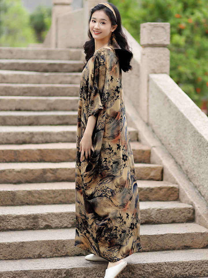 Retro Floral Cotton Half-Sleeved Maxi Dress for Women