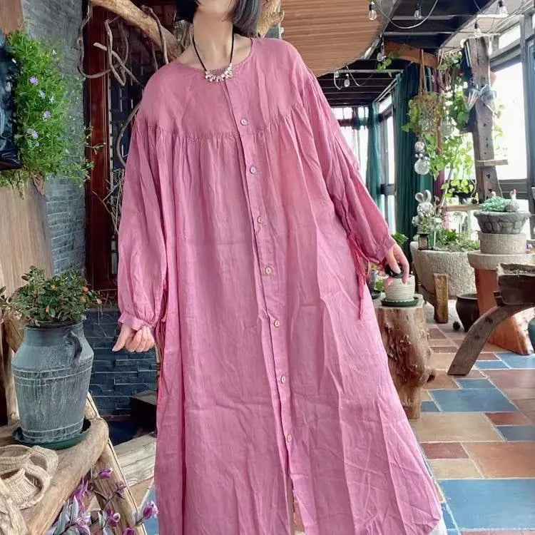 Retro Pink Linen Kaftan Maxi Dress with Pockets for Women Thebesttailor