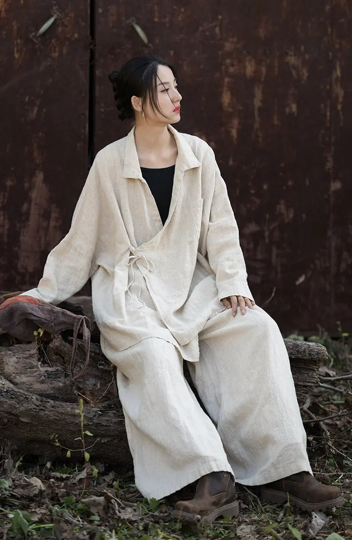 Vintage Lace-up Linen Cardigan with Retro Style Thebesttailor