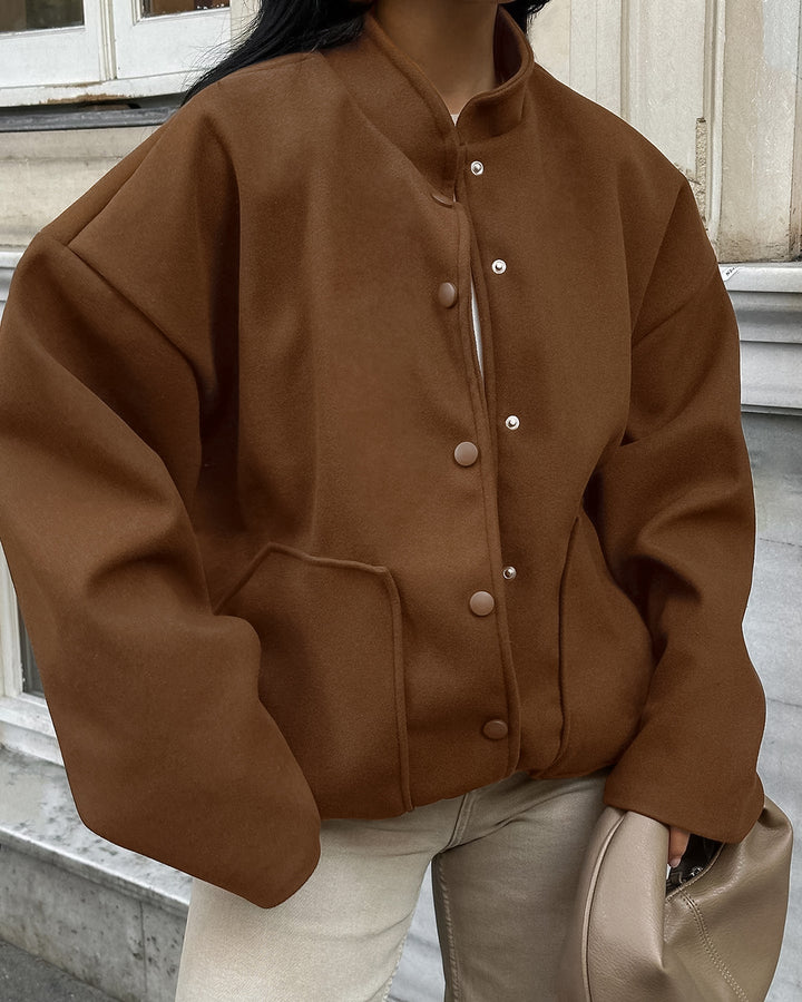 Brown woolen coat stand collar short jacket