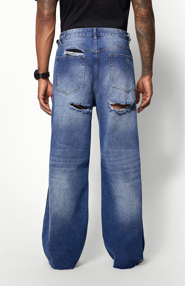 Men's blue wide-leg ripped jeans