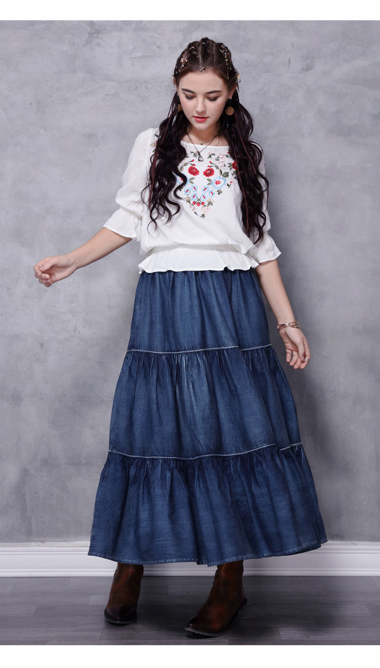 Blue denim skirt Formal Maxi Skirt High Waisted Skirt-Women's Skirts-Thebesttailor-Thebesttailor