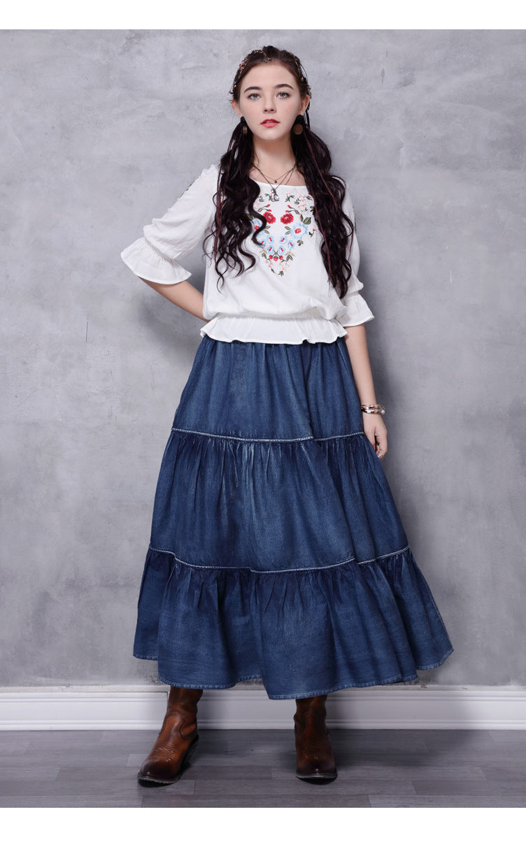 Blue denim skirt Formal Maxi Skirt High Waisted Skirt-Women's Skirts-Thebesttailor-Thebesttailor