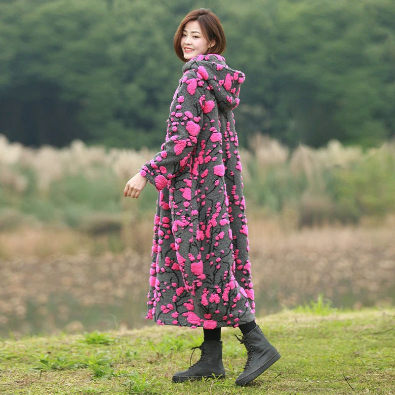 Retro Jacquard Wool Hooded Cardigan Coat for Women