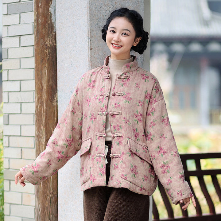 Floral Print Women's Winter Short Velvet Cotton Coat