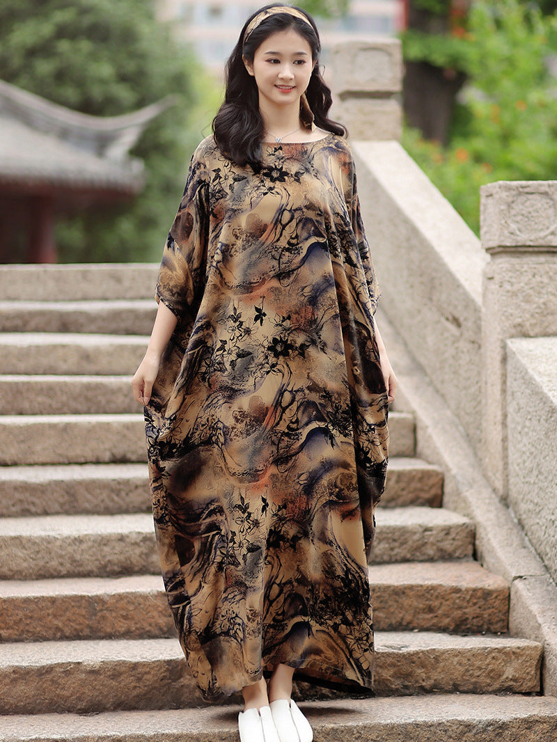 Retro Floral Cotton Half-Sleeved Maxi Dress for Women