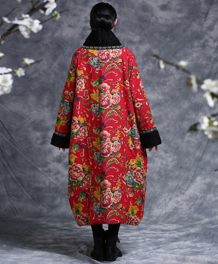 Casual embroidered floral V-neck winter long women's cotton dress-Women's dress-Thebesttailor-Thebesttailor