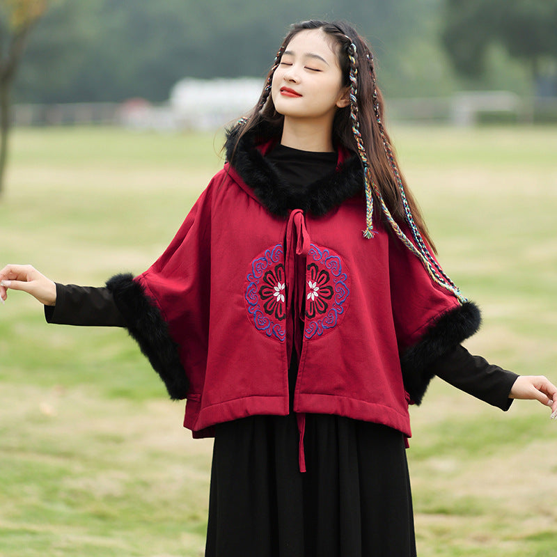 Vintage Embroidered Plush Hooded Cape Coat-Women's coat-Thebesttailor-Thebesttailor