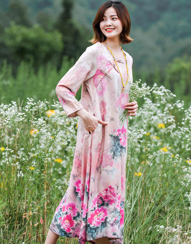 Elegant Women's summer cotton dresses Pink peony flower long dress with bracelet sleeves, perfect for holiday outings.