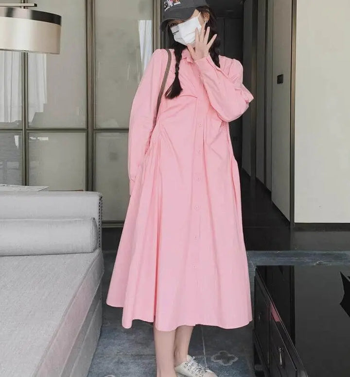 Classic Spring Pink Cotton Shirt Dress with Lapel Collar - Versatile Style Thebesttailor