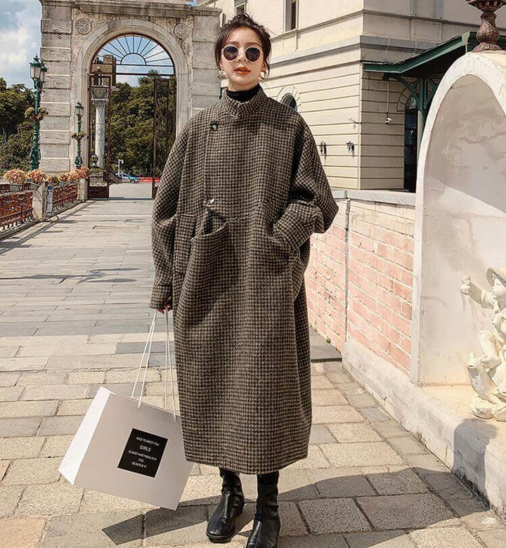 Brown houndstooth wool coat | maxi wool coat women