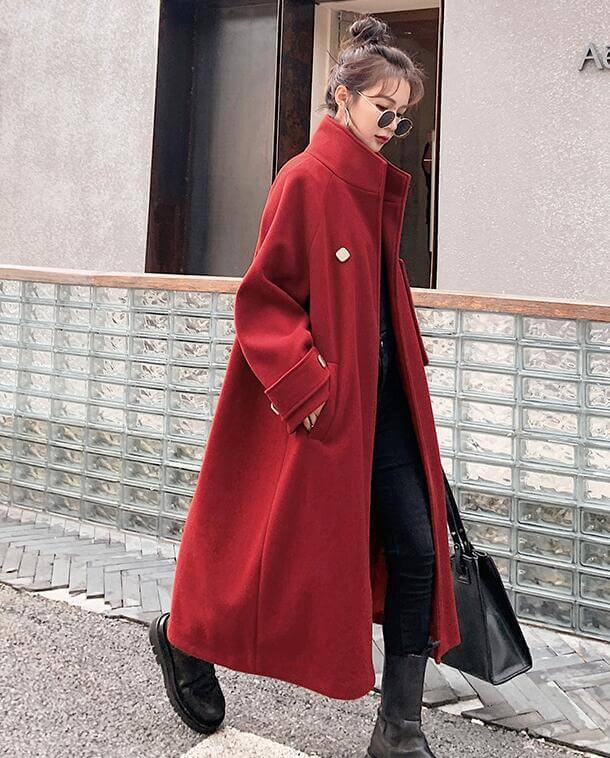 wool coat women | Vintage red wool coat | Stand collar coat