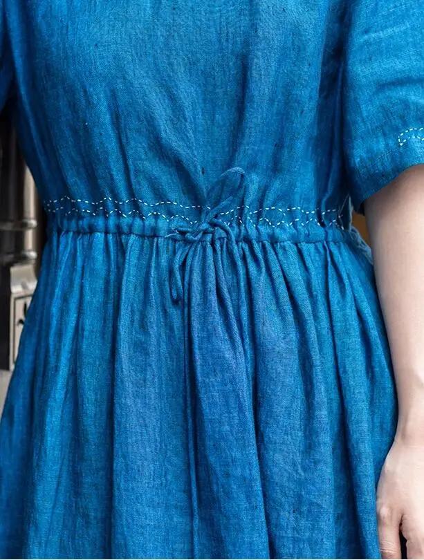 Blue Linen Wrap Dress with Three-Quarter Sleeves