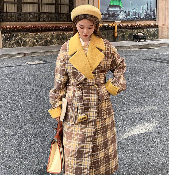 Retro brown plaid wool coat women |double-breasted long coat
