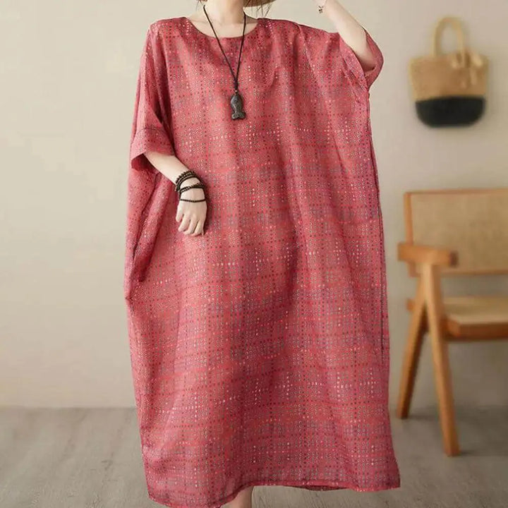 Women's Loose-Fit Linen Bohemian Red Plaid Maxi Dress with Half Sleeves Thebesttailor