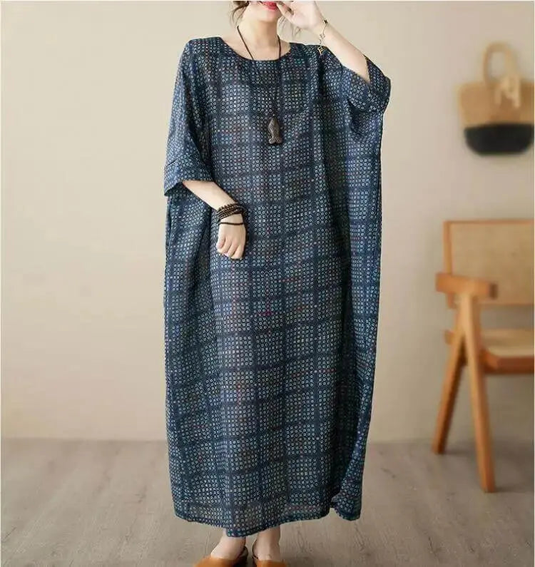 Women's Loose-Fit Linen Bohemian Red Plaid Maxi Dress with Half Sleeves