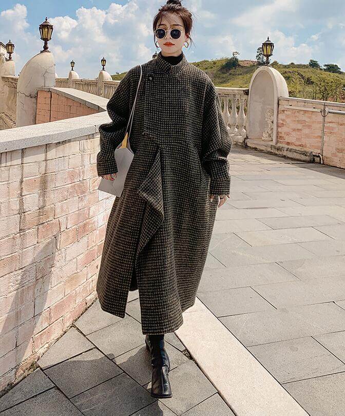 Brown houndstooth wool coat | maxi wool coat women