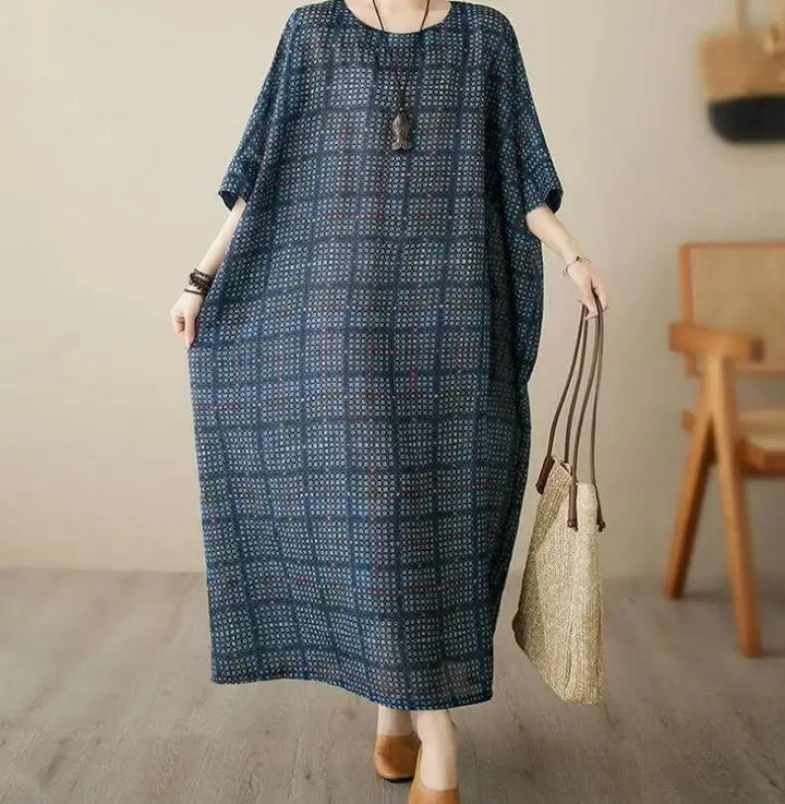 Women's Loose-Fit Linen Bohemian Red Plaid Maxi Dress with Half Sleeves Thebesttailor