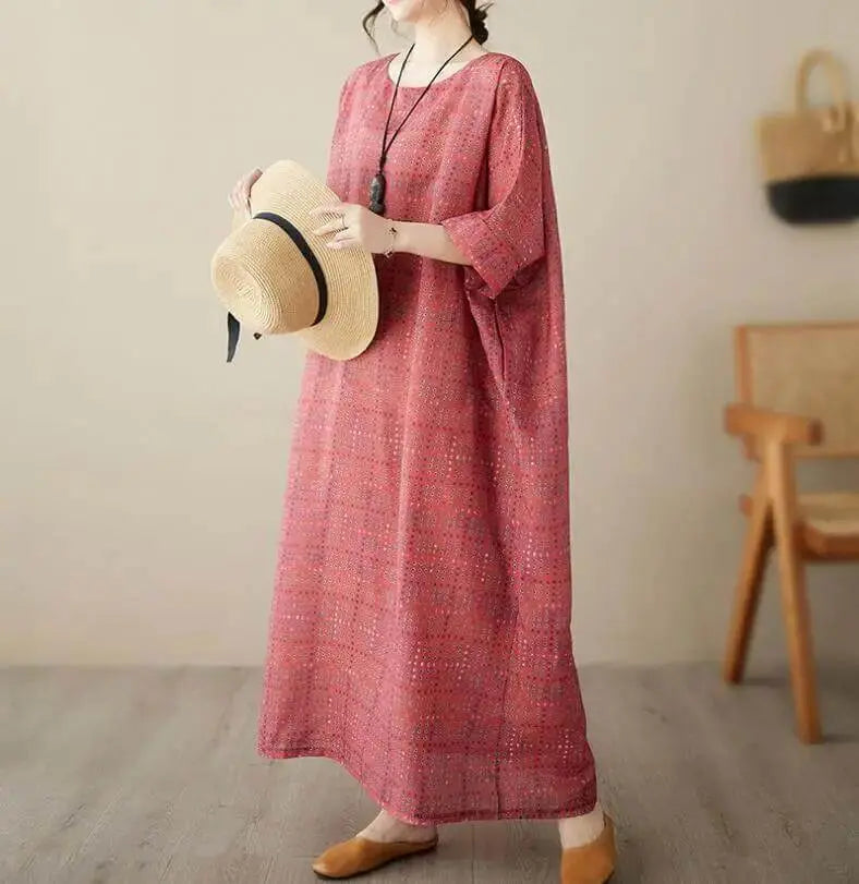 Women's Loose-Fit Linen Bohemian Red Plaid Maxi Dress with Half Sleeves Thebesttailor