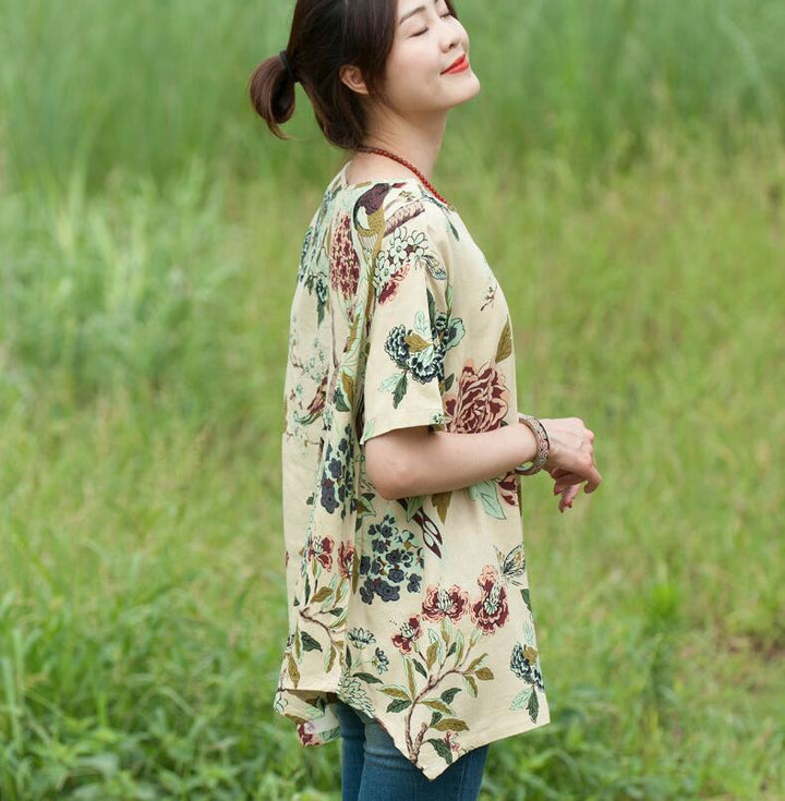 Floral Cotton-Linen Tunic Tops for Women-Women's Shirt-Thebesttailor-Thebesttailor