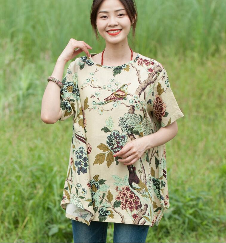 Floral Cotton-Linen Tunic Tops for Women-Women's Shirt-Thebesttailor-Thebesttailor