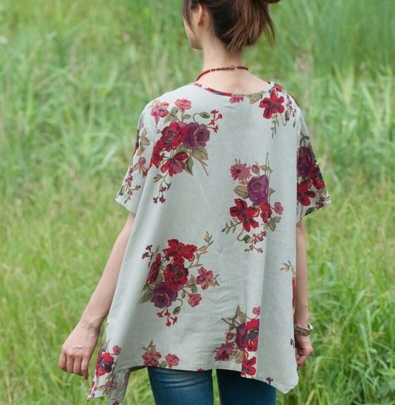 Floral Cotton-Linen Tunic Tops for Women-Women's Shirt-Thebesttailor-Thebesttailor