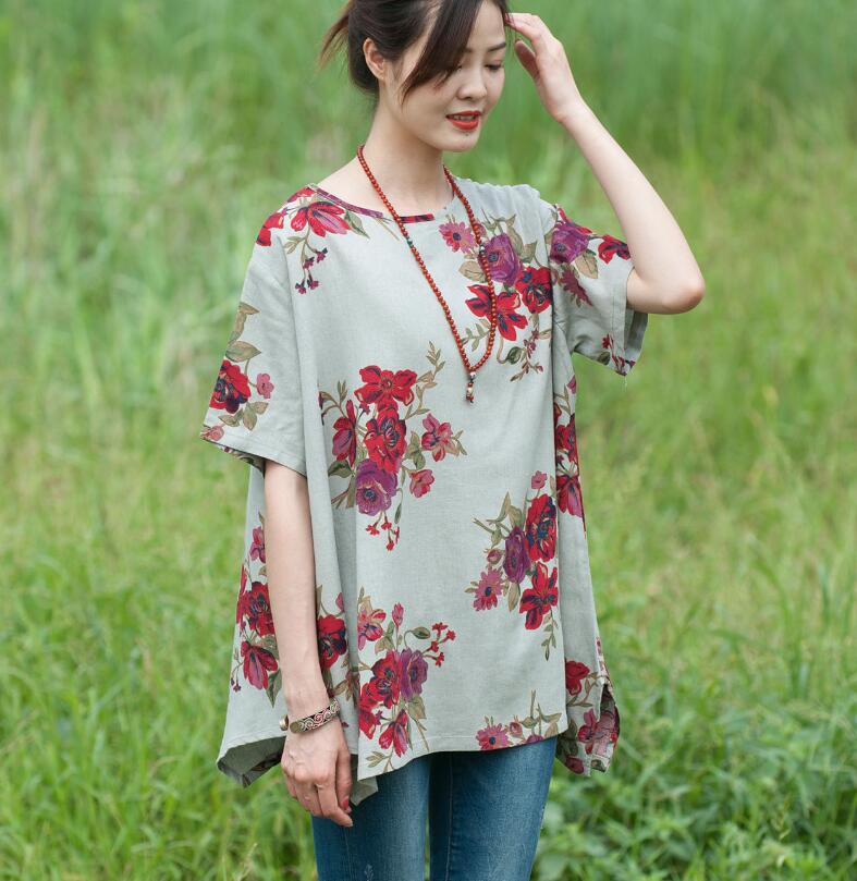 Floral Cotton-Linen Tunic Tops for Women-Women's Shirt-Thebesttailor-One size-Light Green-Linen-Thebesttailor