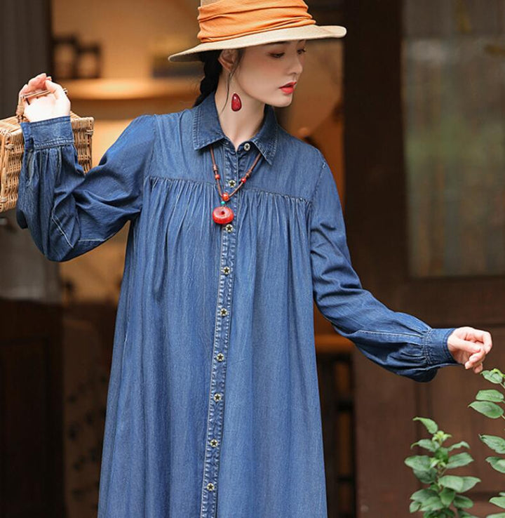 Mother's Birthday Gift Polo Collar Cardigan Dress Denim-Women's dress-Thebesttailor-Thebesttailor