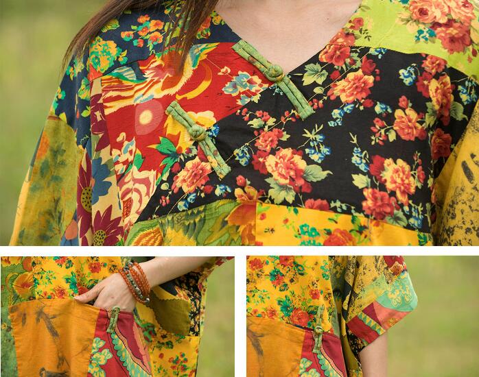 Retro Floral Loose Linen Spring Blouse for Women