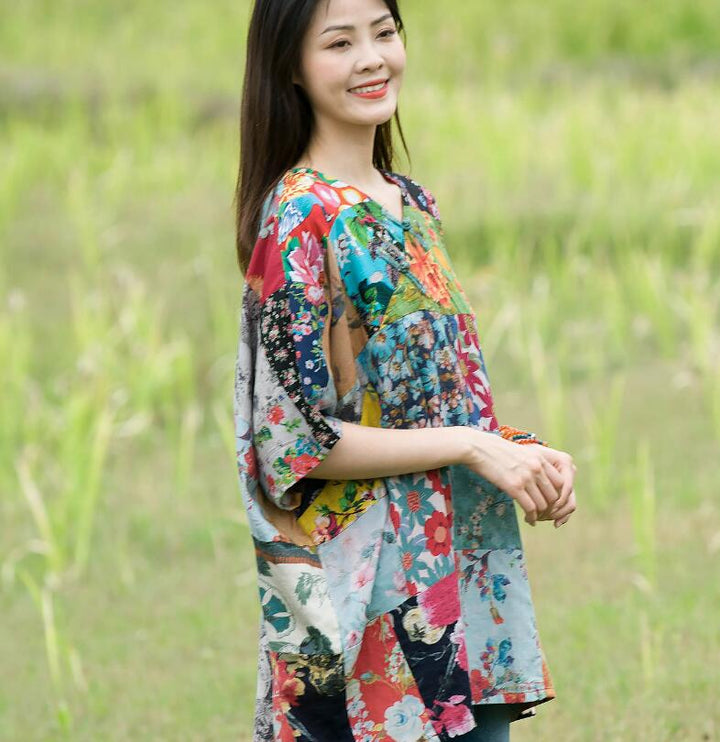 Retro Floral Loose Linen Spring Blouse for Women