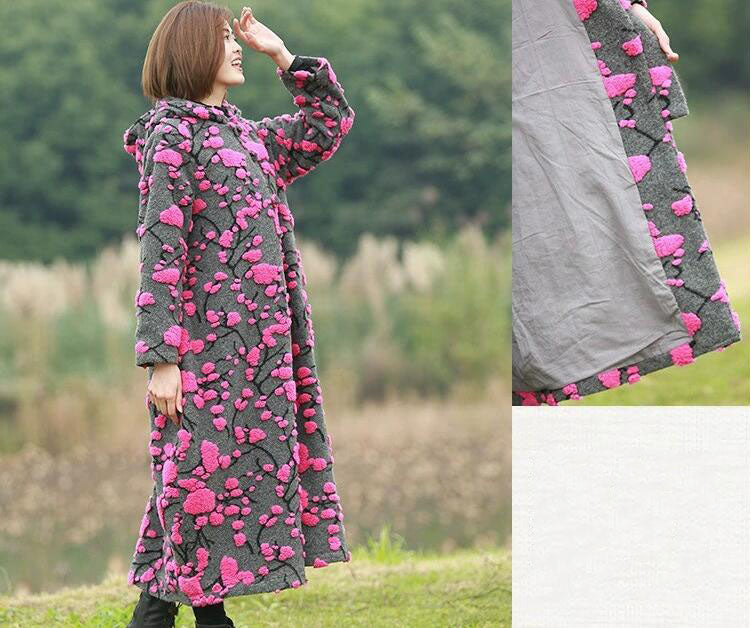 Retro Jacquard Wool Hooded Cardigan Coat for Women