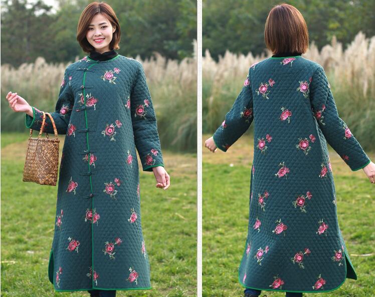 Women floral embroidery coat linen ladies winter filler dress