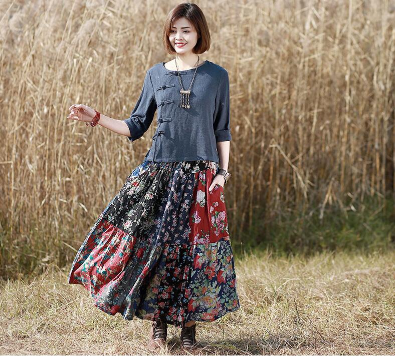 Red Boho Cotton A-Line Skirt with Pockets for Women