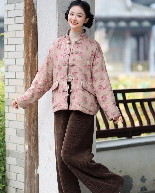 Floral Print Women's Winter Short Velvet Cotton Coat