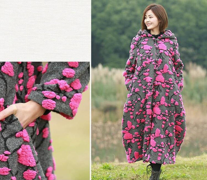 Retro Jacquard Wool Hooded Cardigan Coat for Women