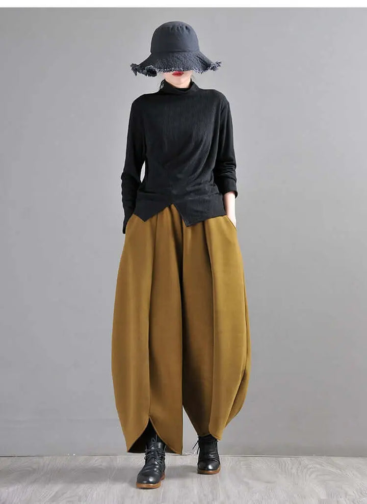 Mustard Green Wide Leg Wool Pants for Modern Commuters