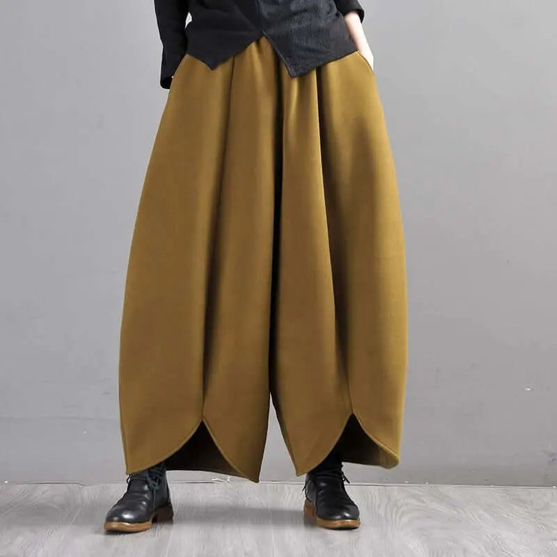 Mustard Green Wide Leg Wool Pants for Modern Commuters