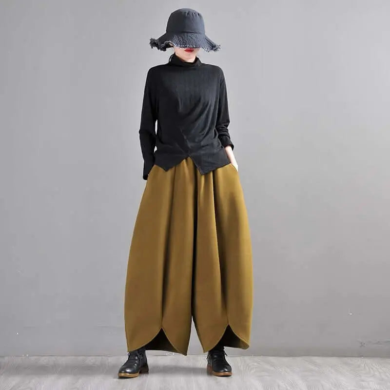 Mustard Green Wide Leg Wool Pants for Modern Commuters