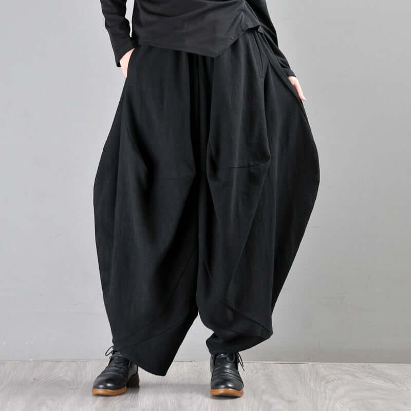Black Linen High-Waisted Bohemian Harem Pants for Women