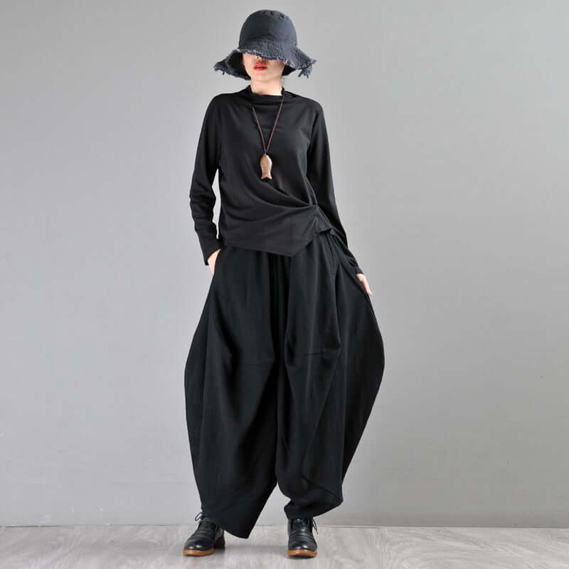 Black Linen High-Waisted Bohemian Harem Pants for Women