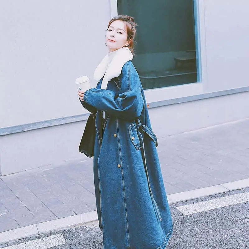 Blue Long Rabbit Fur Collar Parka Denim Cotton Jacket