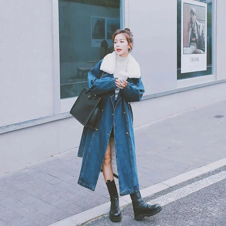 Blue Long Rabbit Fur Collar Parka Denim Cotton Jacket