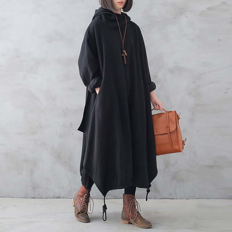 Hooded Cotton Drawstring Dress with Long Sleeves